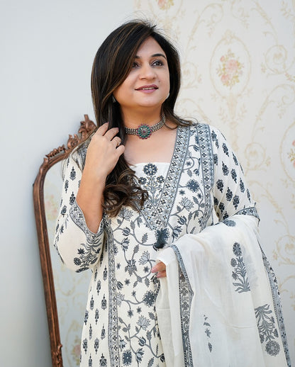 Bannisaa New Floral Motif Handblock Cotton Kurta 3 piece suit