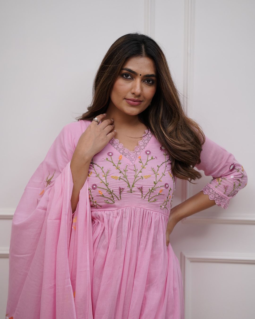 Bannisaa Baby Pink Embroidered Cotton Anarkali 3 piece Set with Dupatta