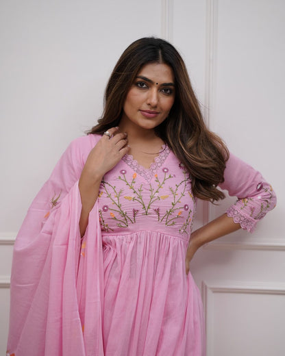 Bannisaa Baby Pink Embroidered Cotton Anarkali 3 piece Set with Dupatta