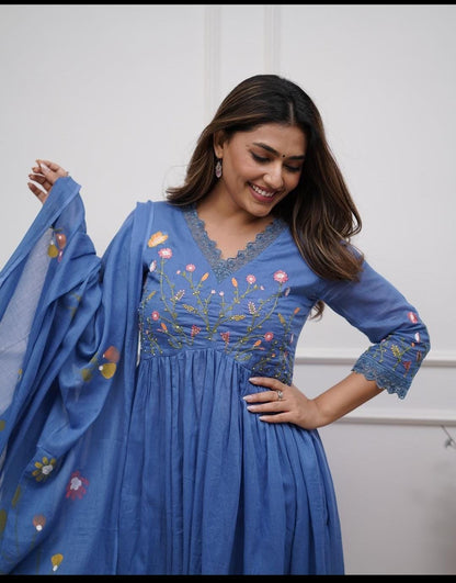 Slate Blue Embroidered 3 piece Anarkali Kurta Set