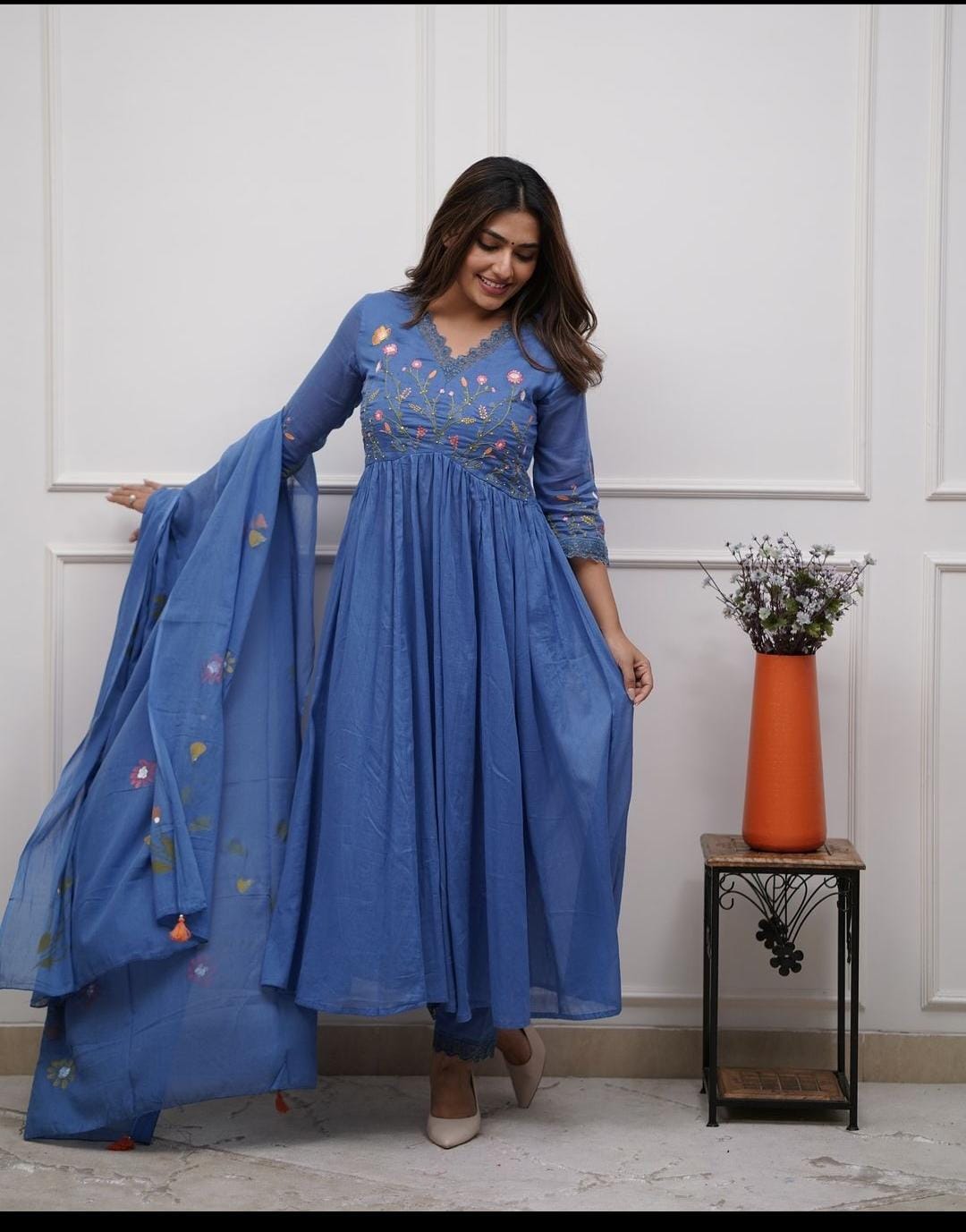 Slate Blue Embroidered 3 piece Anarkali Kurta Set