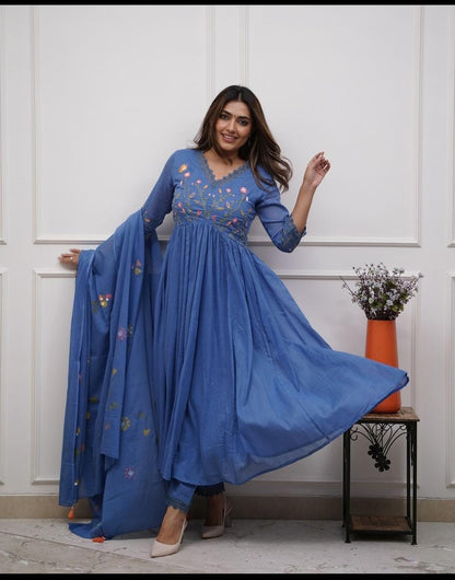 Slate Blue Embroidered 3 piece Anarkali Kurta Set