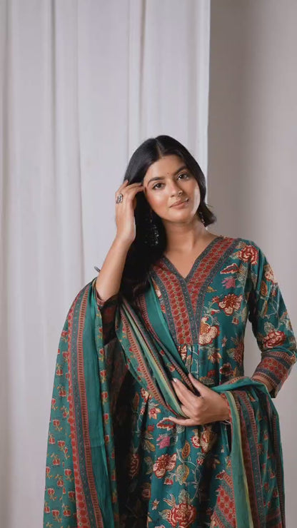 Bannisaa Peacock Green Floral Cotton 3 piece Kurta Set with Dupatta